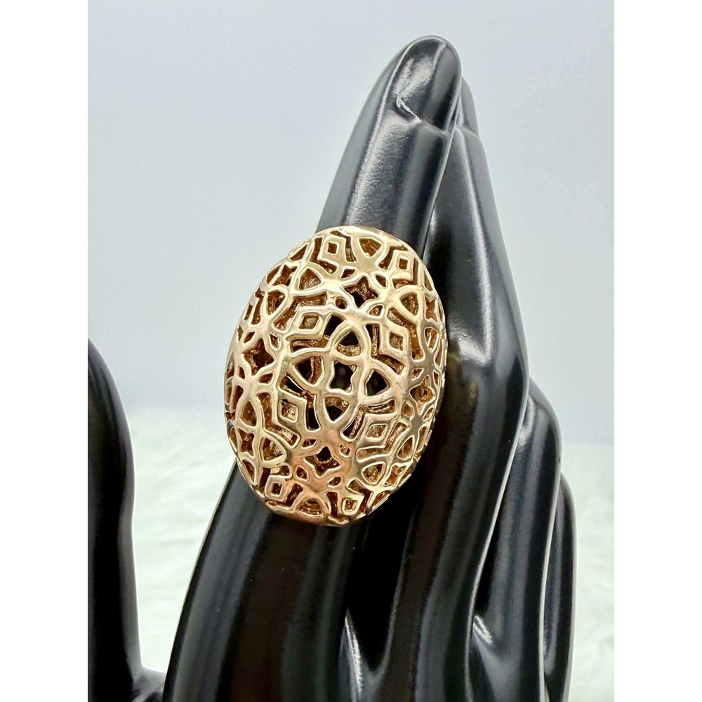 Gold Tone Intricate Lattice Openwork Dome Oval Statement Cocktail Ring Size 6